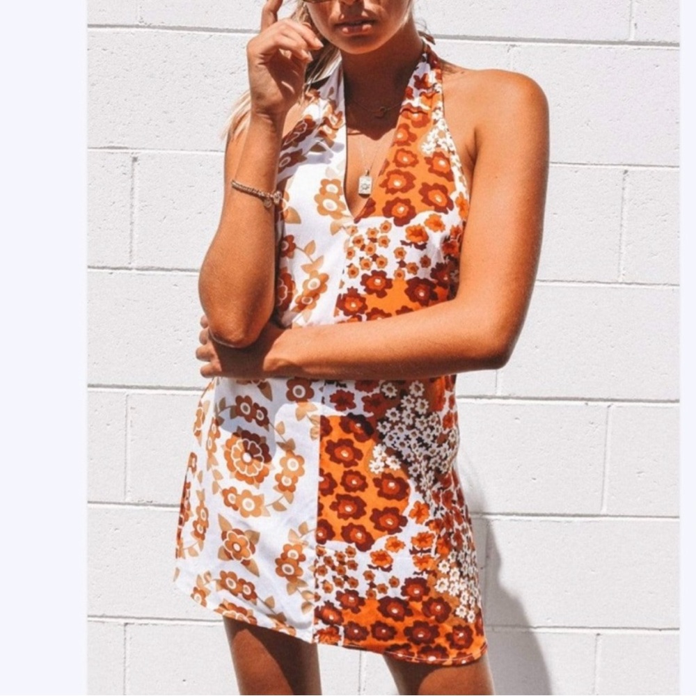 Her Pony The Label Patti Halter Mini Dress Floral Retro 70s Boho A-Line Size 6
